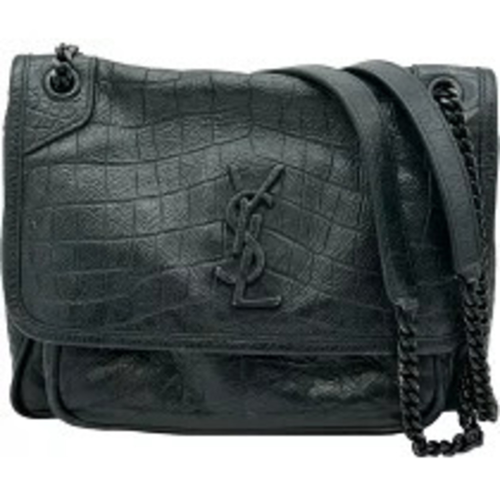 Saint Laurent Niki Chain Shoulder Bag Black Crocodile Embossed